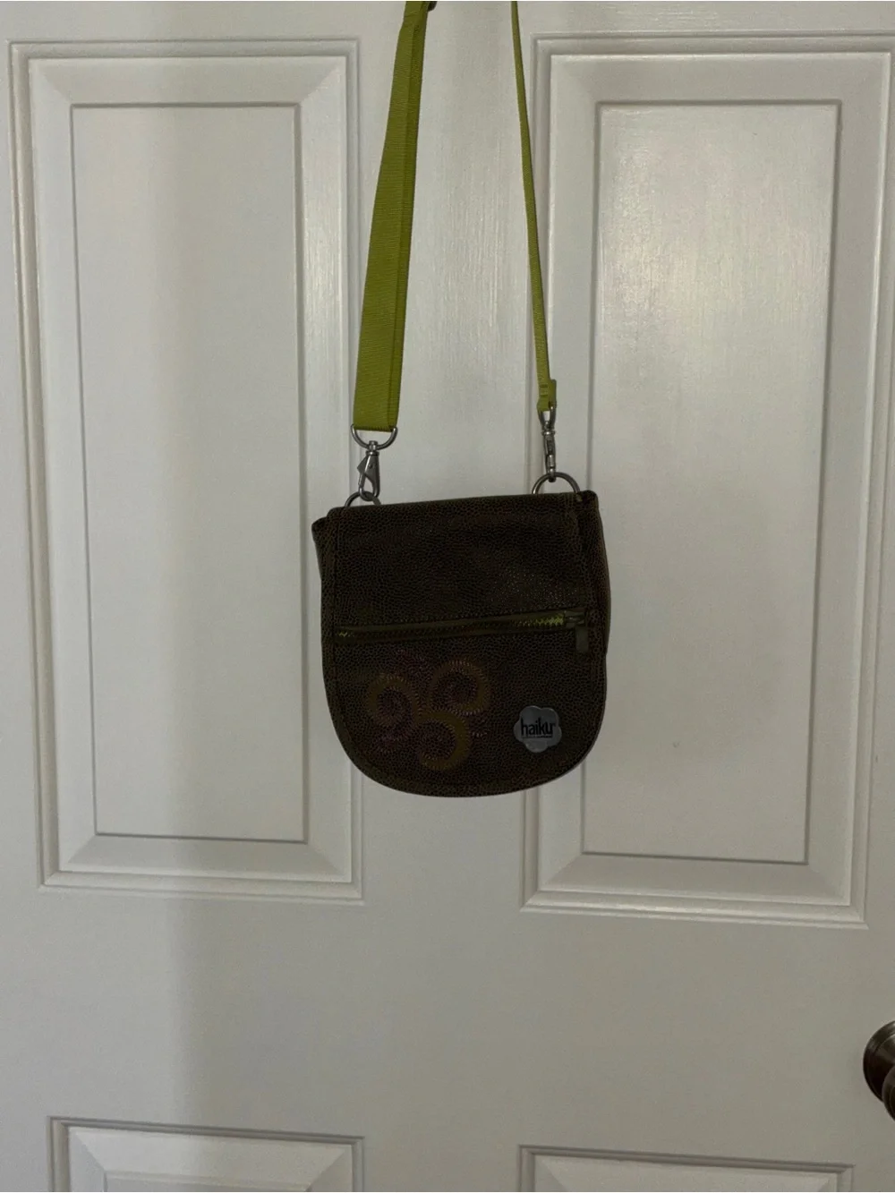 Haiku Olive Crossbody‎ Bag with Lime Strap with Embroidery